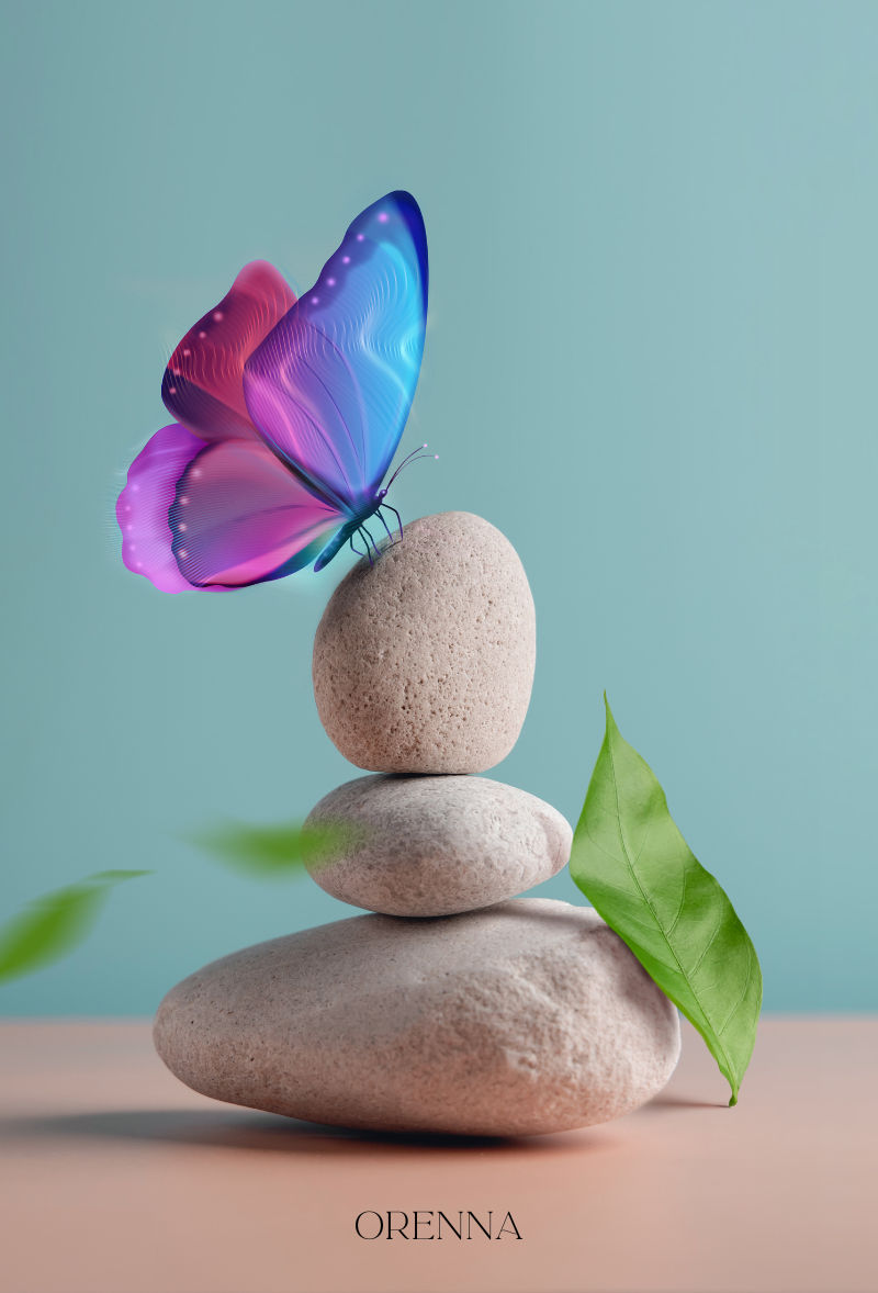 Wellness butterfly multi colour standing on well balance pile of 3 rocks and some green leaves