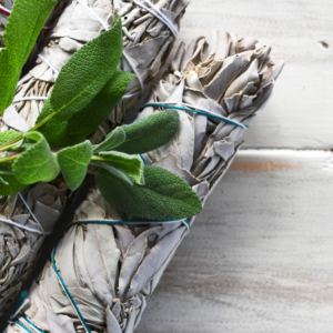 White Sage Incense Bunch on a white wooden table