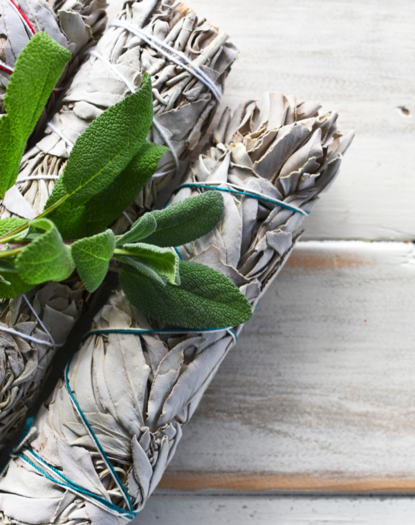 White Sage Incense Bunch on a white wooden table