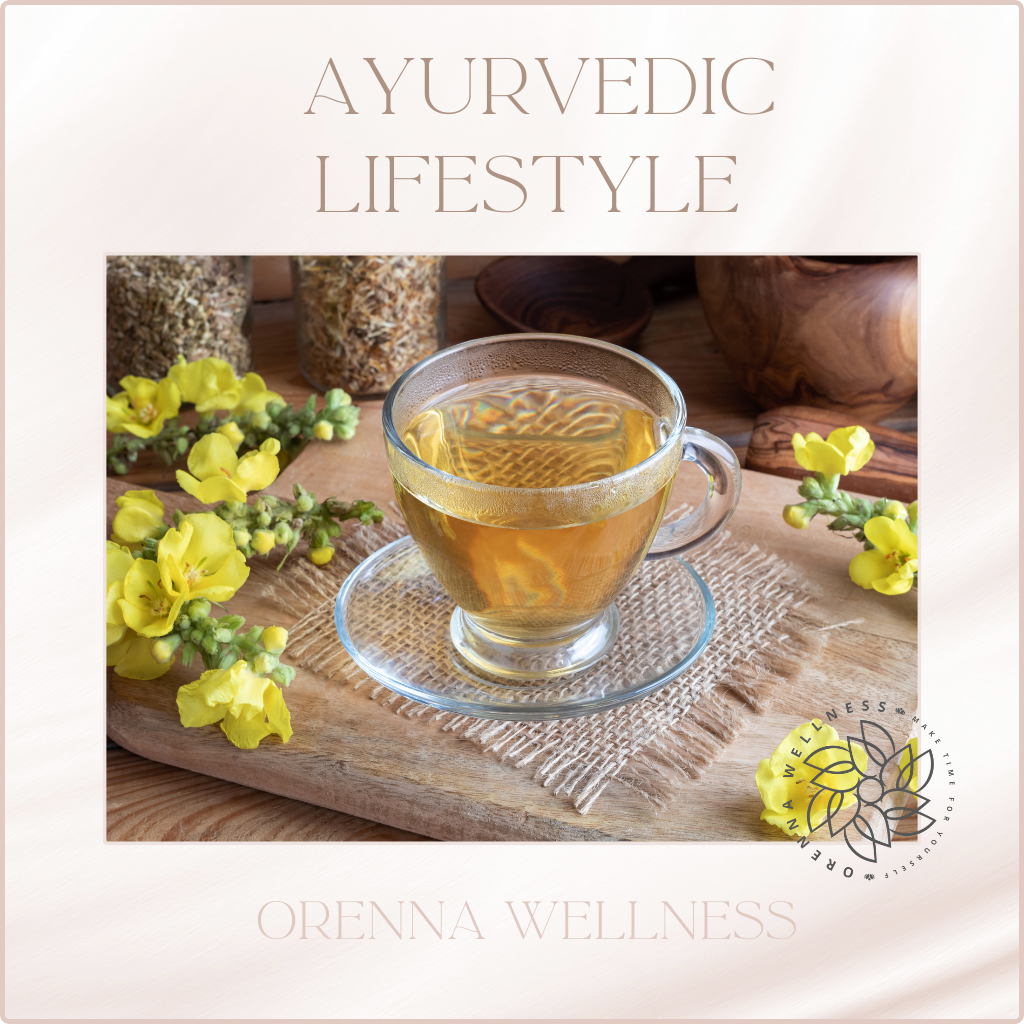 Ayurvedic Diet and Lifestyle, a herbal cup of tea surrounded by yellow flowers