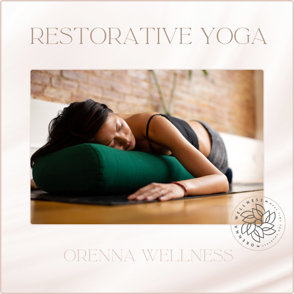 Restorative Yoga, a woman laying down in a yoga session using a green bolster for support