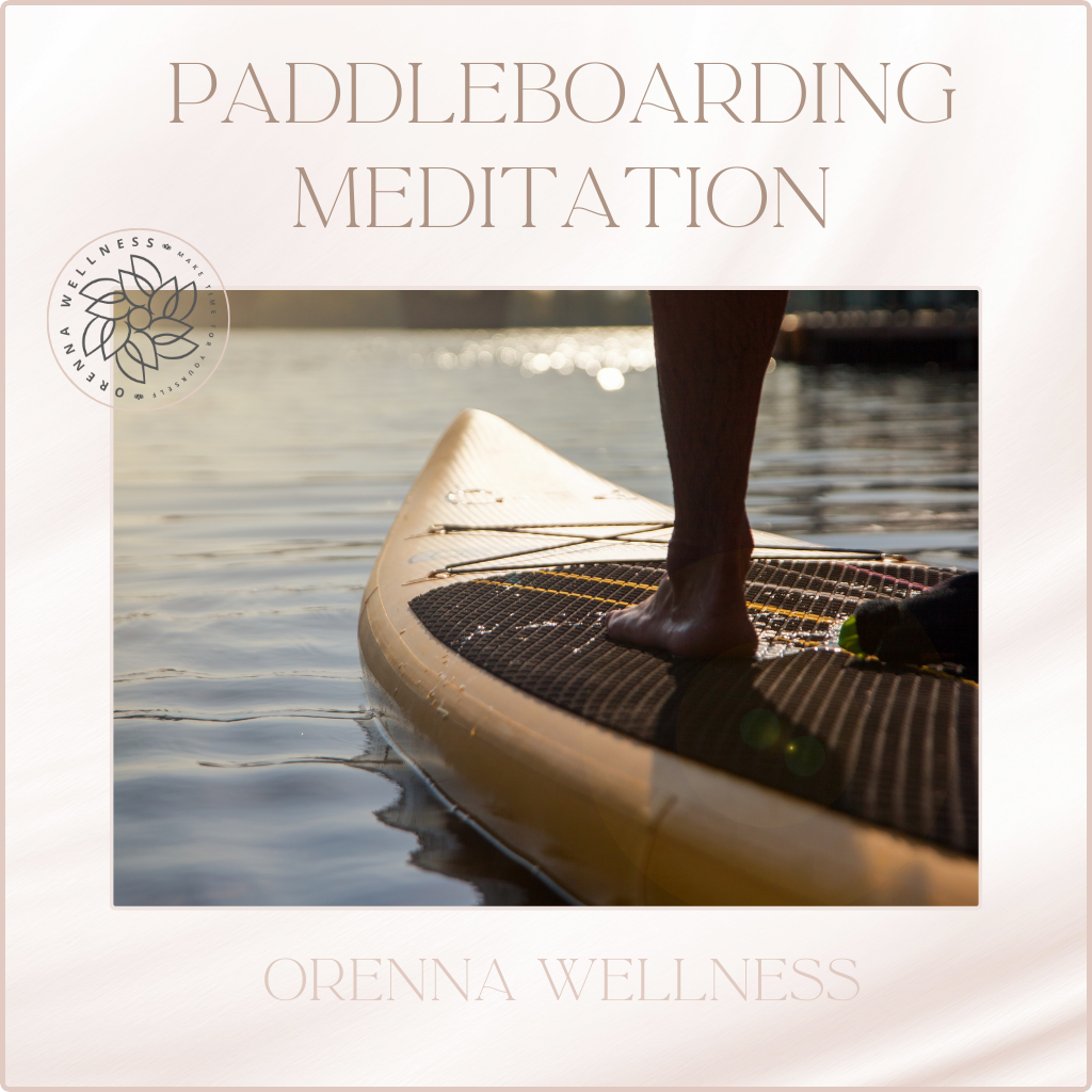 Paddleboarding Meditation with a quiet ocean and sunset background