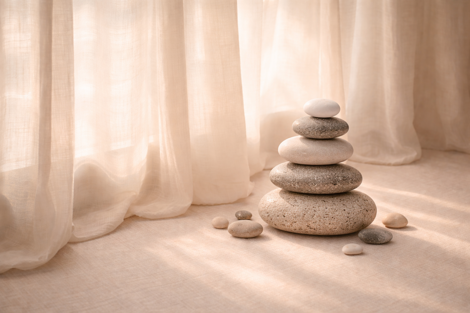 Soft morning light through sheer curtains in warm neutral tones