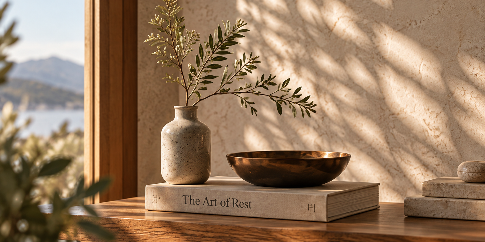 Ceramic vase with olive branches and a bronze bowl resting on a book titled The Art of Rest.