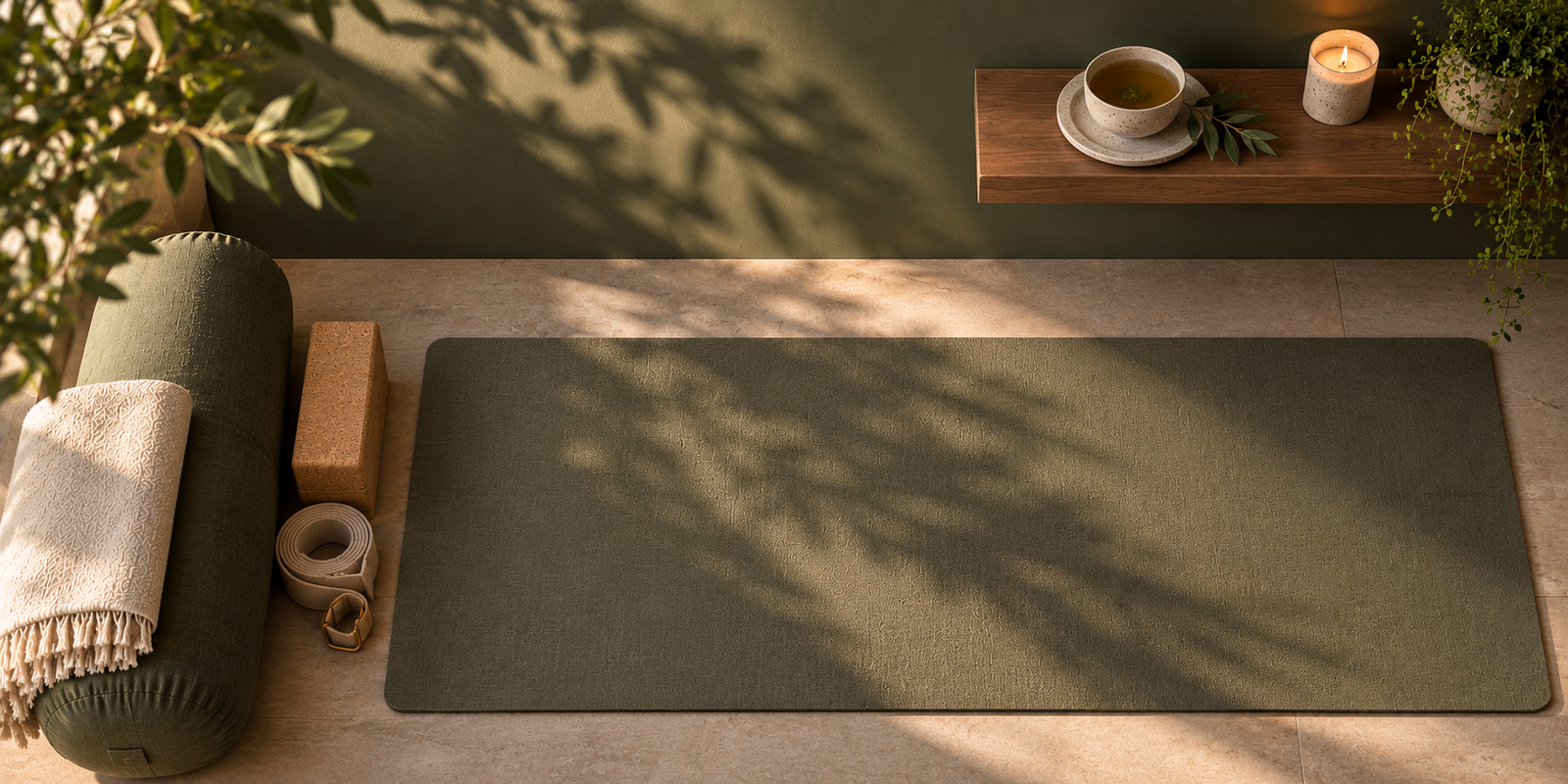 Single olive-green yoga mat viewed from above, with a bolster and folded blanket on the left and a cup of tea on a wall shelf.