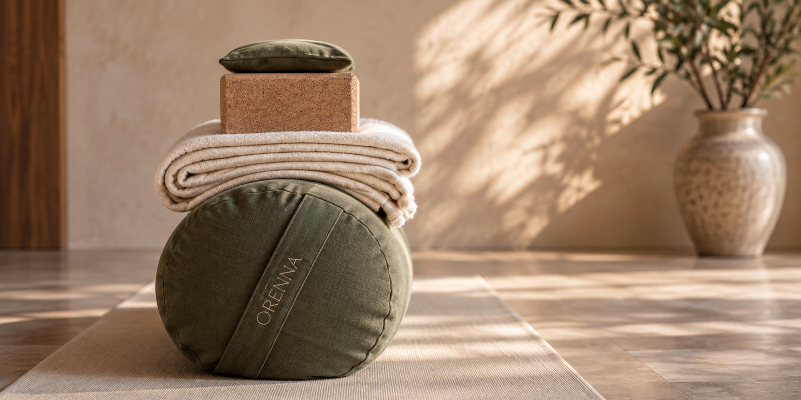 Folded blankets, a yoga bolster and cork blocks prepared for supported restorative postures.