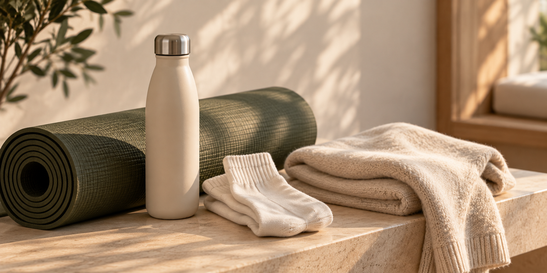 Olive-green yoga mat, reusable water bottle, clean socks and a folded layer arranged for a private yoga experience.