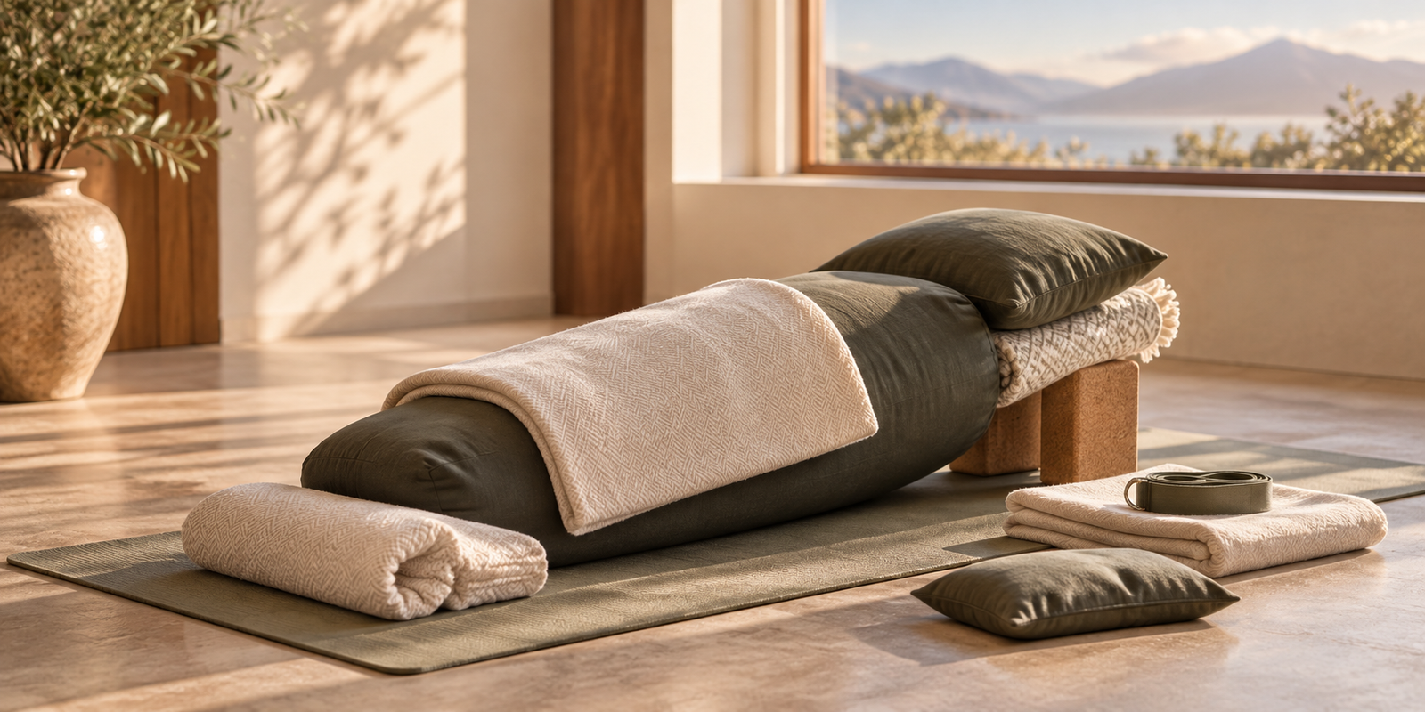 ive-green bolsters arranged on a yoga mat with folded blankets and cork blocks to support restorative yoga postures.