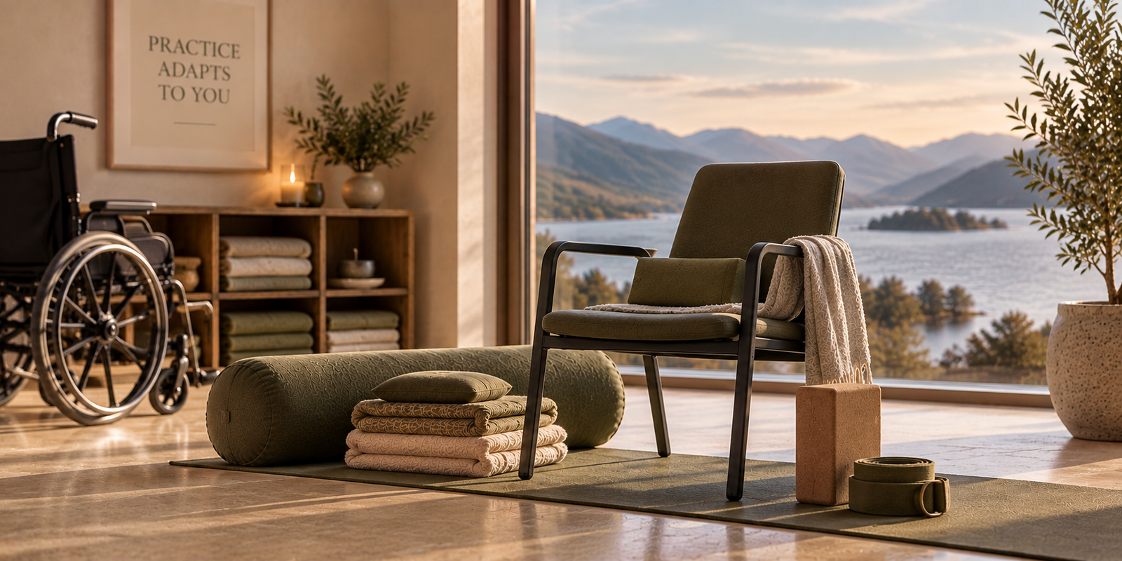 Supportive chair, yoga bolsters, folded blankets and a wheelchair arranged in a calm setting for adaptive yoga.