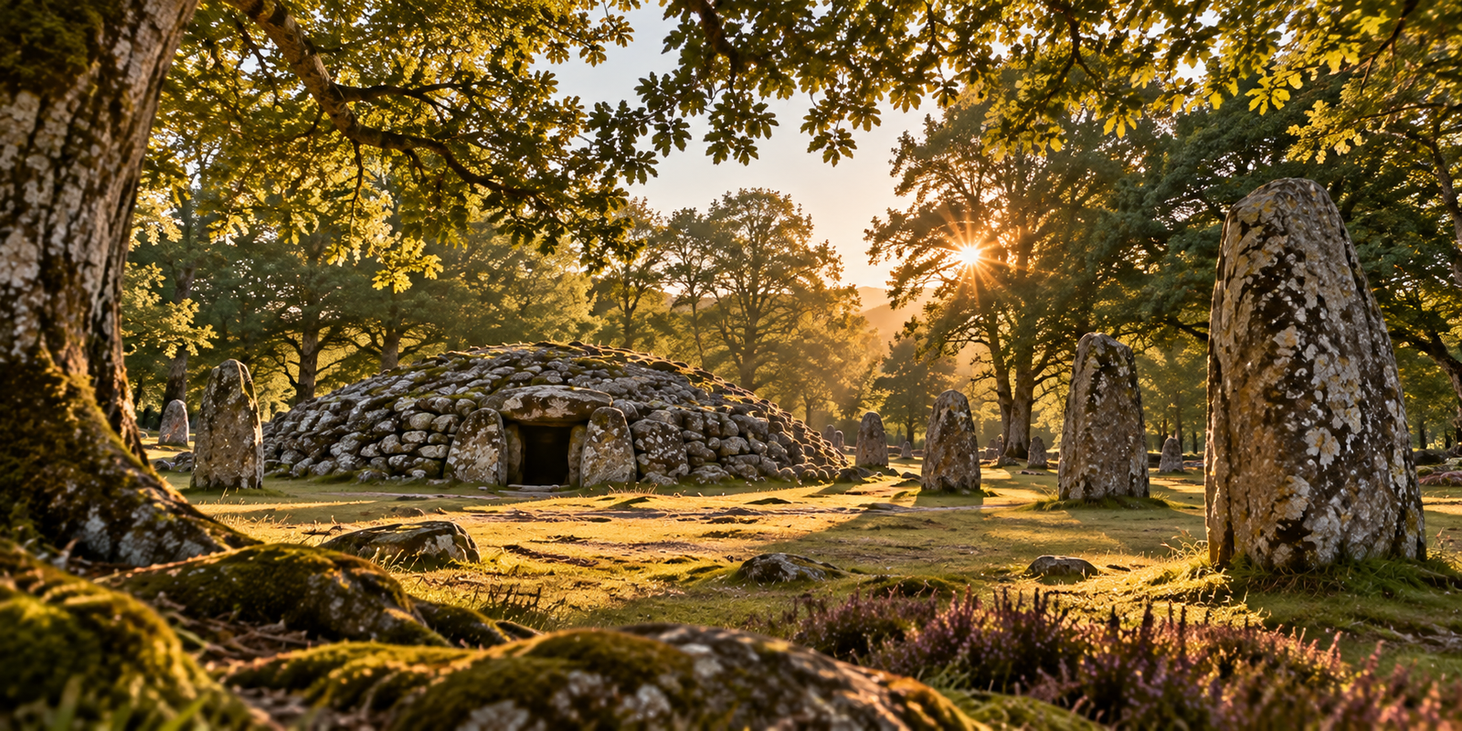 Ancient stone burial cairn surrounded by weathered standing stones and mature woodland in warm natural sunlight.