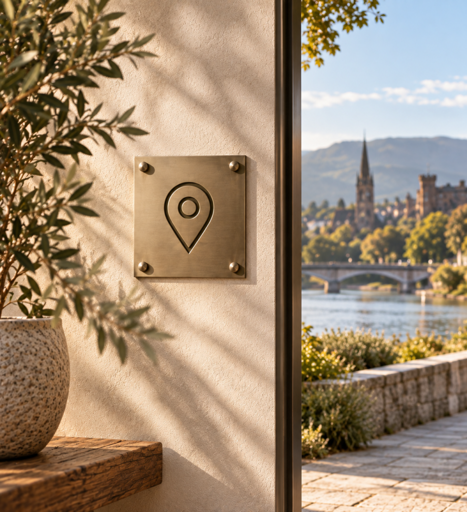 Bronze location-pin sign on a warm stone wall, with a conceptual Inverness riverside landscape in the background.