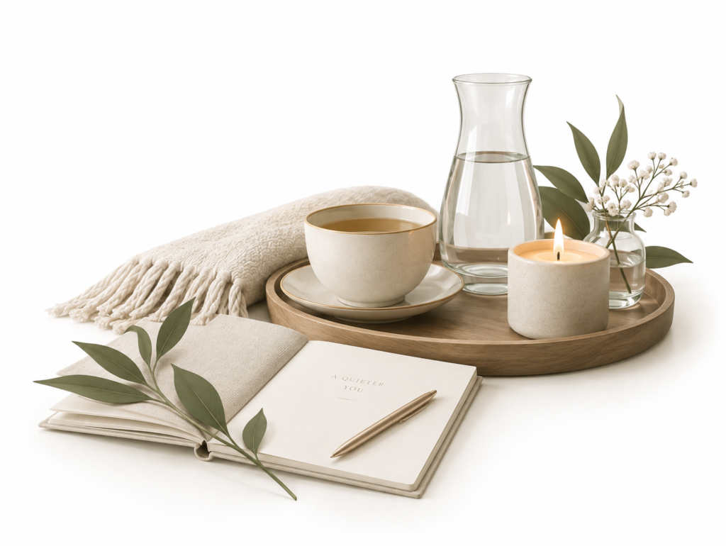 An open journal with a pen beside a wooden tray holding herbal tea, a glass water carafe and a lit candle, with soft greenery and an ivory blanket.
