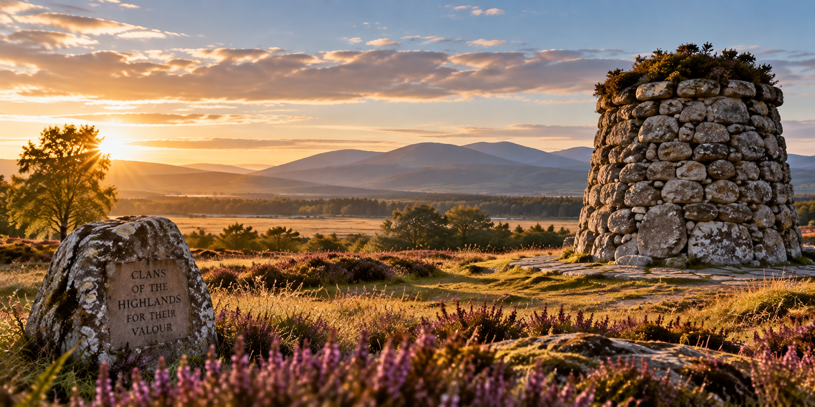 Culloden Battlefield-inspired moorland with a stone memorial cairn, an inscribed marker and purple heather beneath a golden sky.