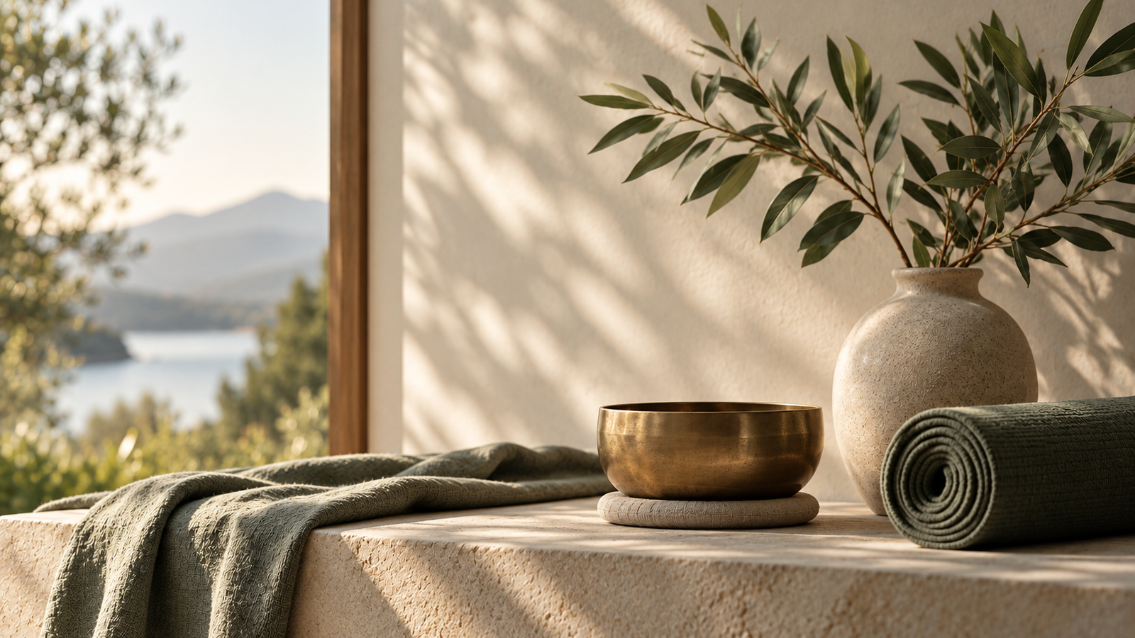 Sunlit wellness setting with a ceramic vase, brass singing bowl and rolled yoga mat.