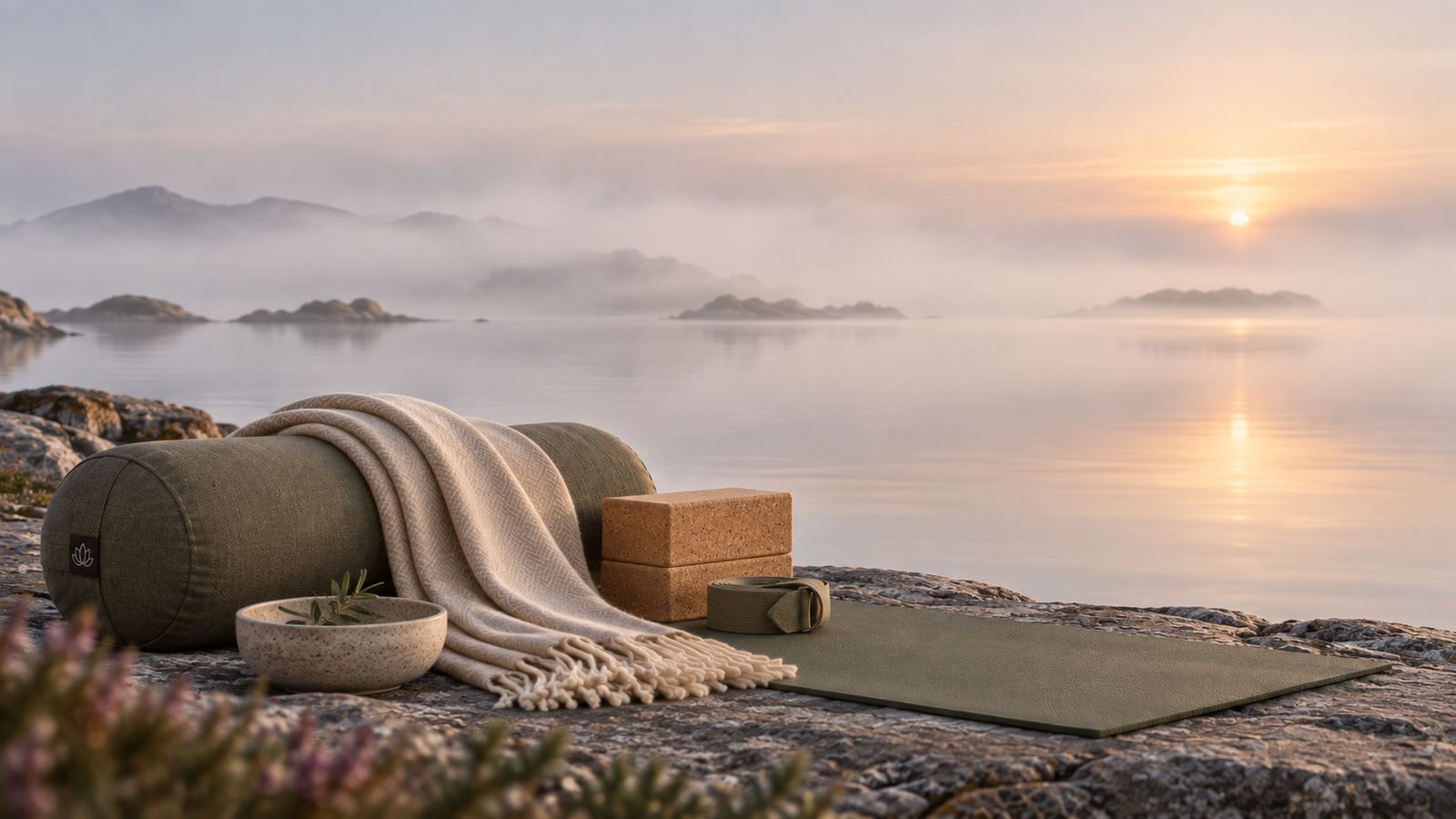 Yin Yoga mat, bolster and soft blanket beside a mirror-still sea, with gentle coastal mist and warm sunrise light.