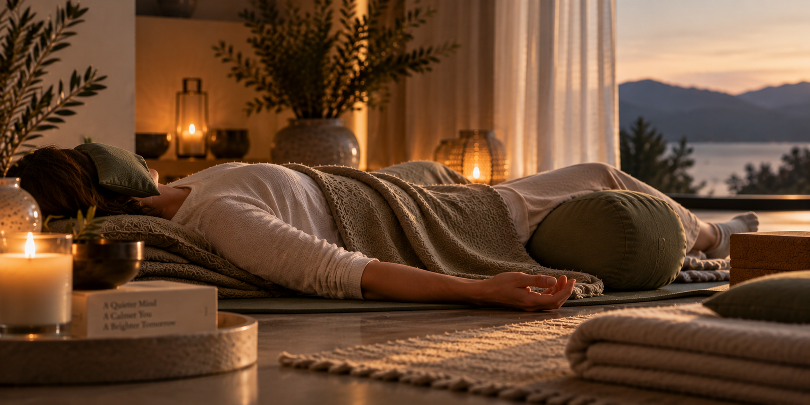 Person resting comfortably with an eye pillow, blankets and supportive bolsters in a softly lit Yoga Nidra meditation setting.