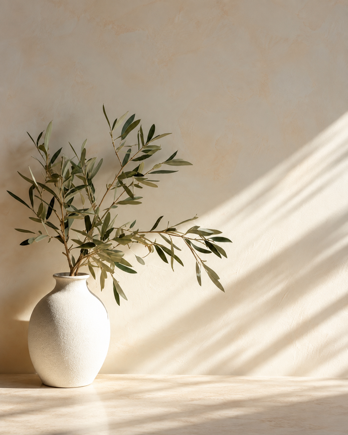 Olive branches in a textured cream ceramic vase, illuminated by soft natural sunlight against a warm neutral wall.