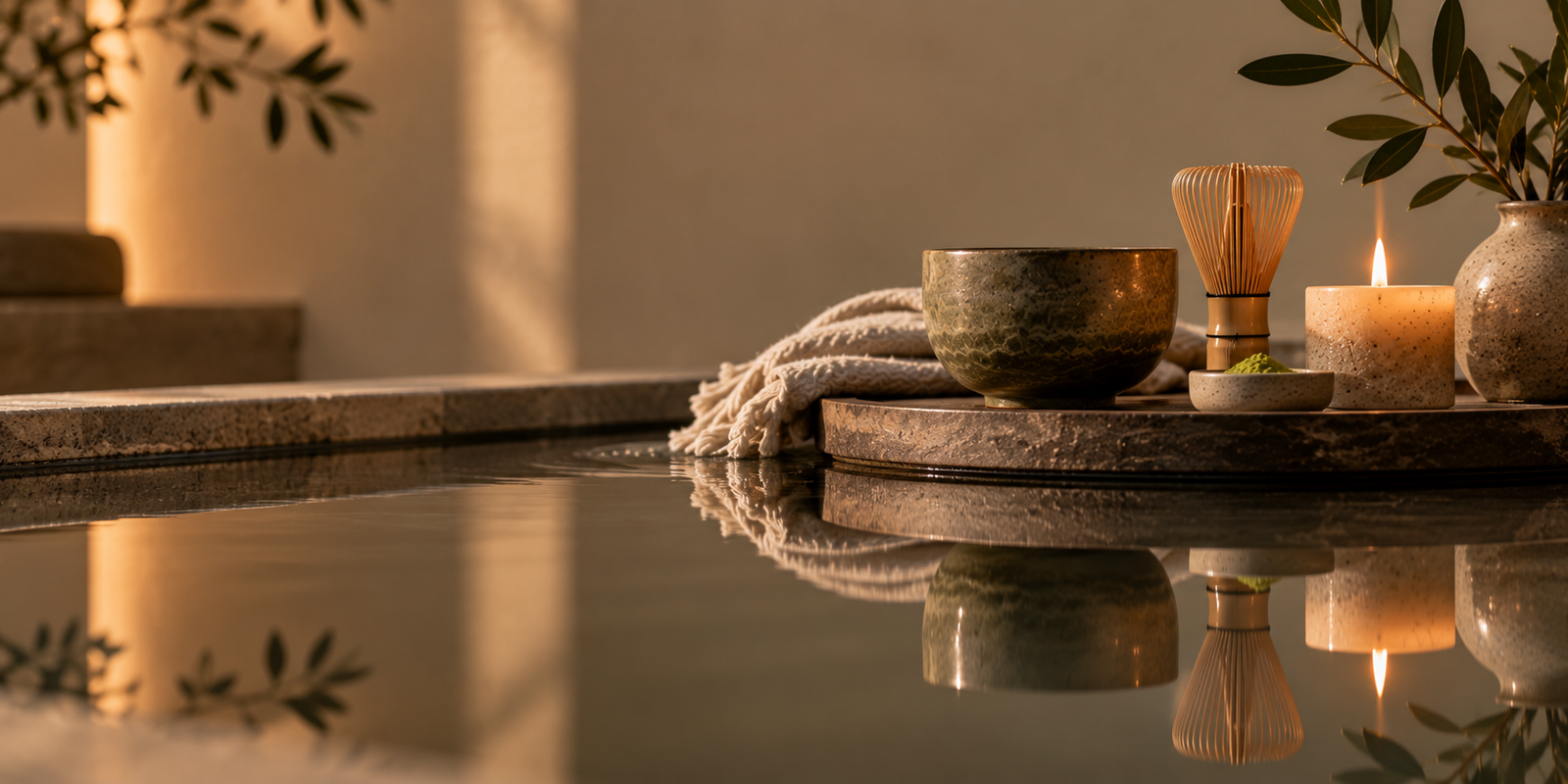 Bespoke yoga in Inverness with matcha ritual reflected in still water at Orenna Wellness