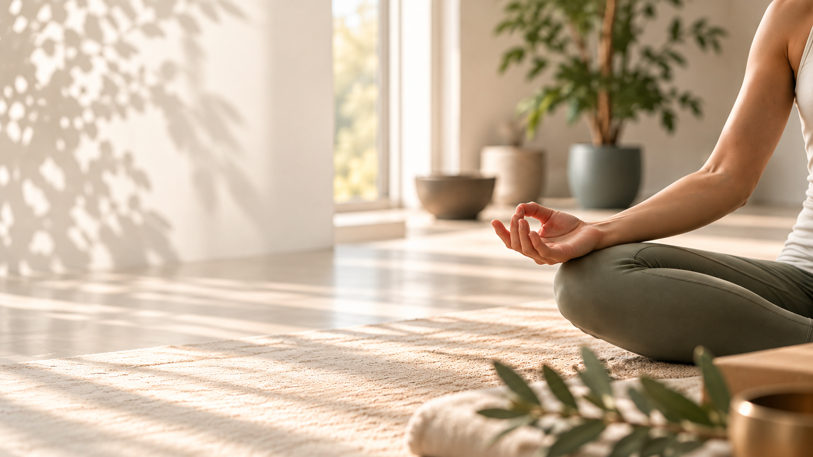 Person seated in meditation in a softly lit wellness setting, wearing olive-green leggings and a cream top.
