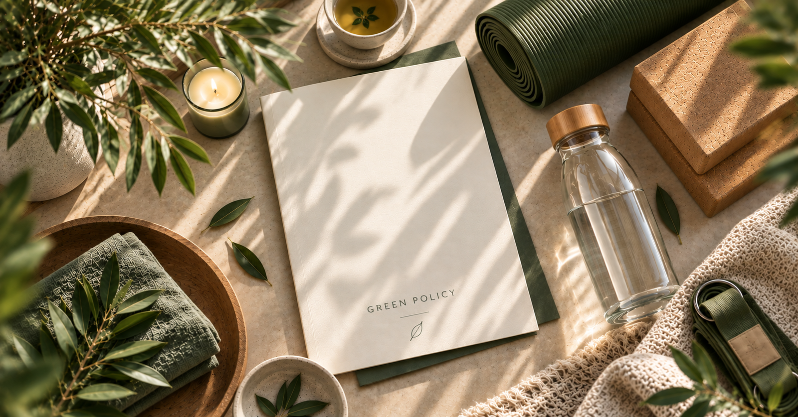 Orenna Wellness Green Policy document surrounded by reusable glassware, cork yoga blocks, natural textiles and botanical elements.