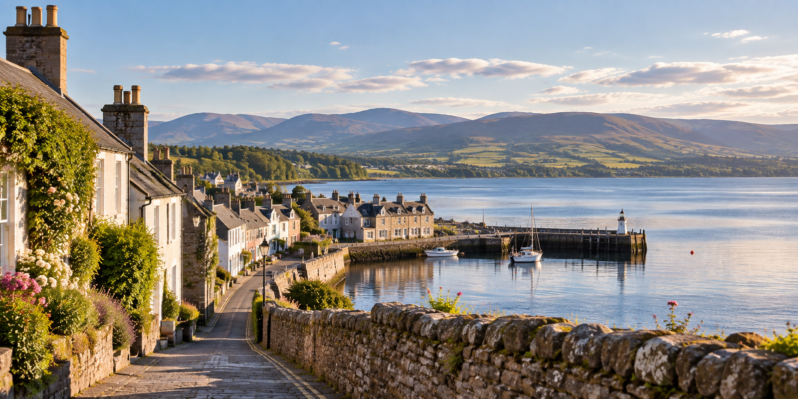Cromarty-inspired coastal village with traditional stone houses, a narrow street and sailing boats overlooking a Scottish firth.