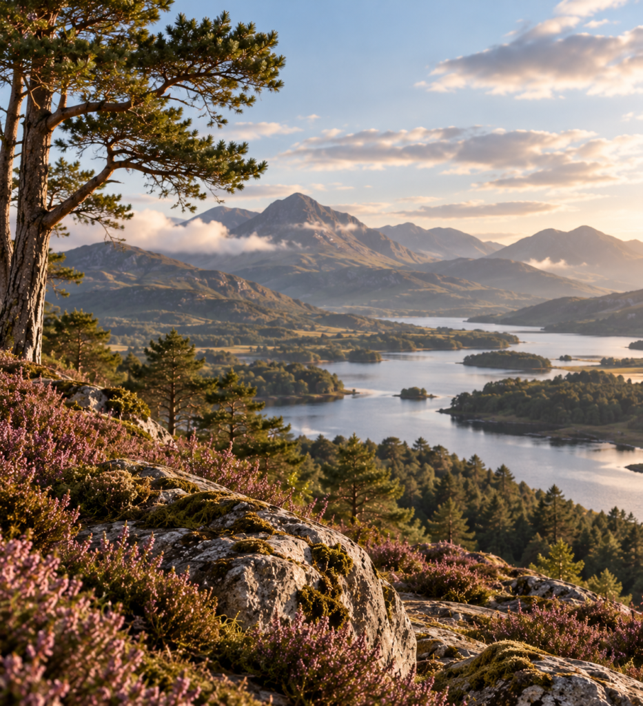 Scots pine overlooking a Highland loch, with heather-covered rocks, wooded islands and distant mountains in warm sunlight.