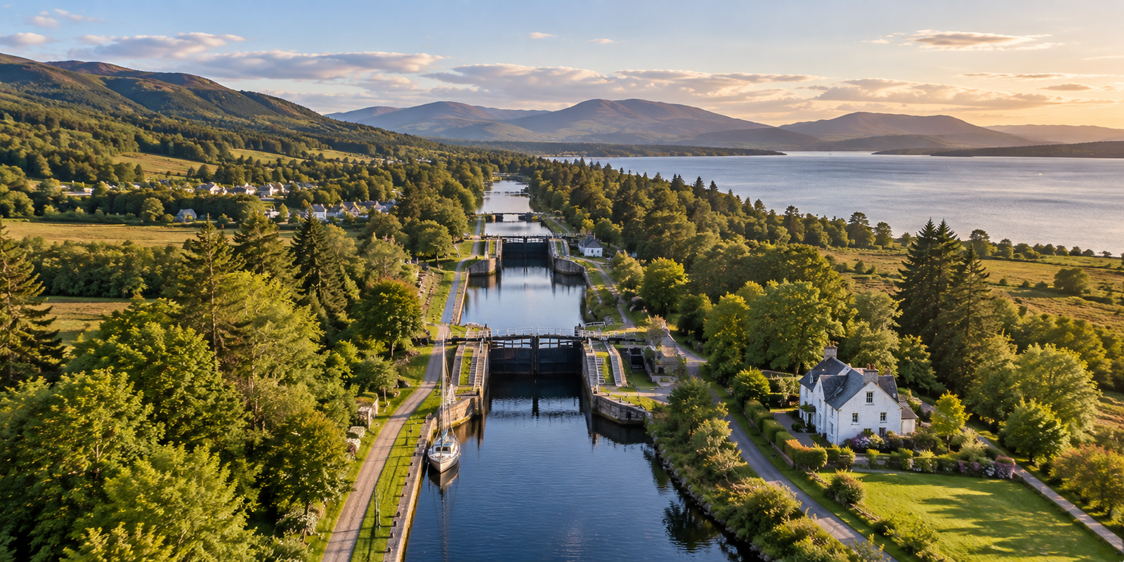 Aerial view of a Caledonian Canal-inspired waterway with a series of locks, tree-lined towpaths and Highland mountains.