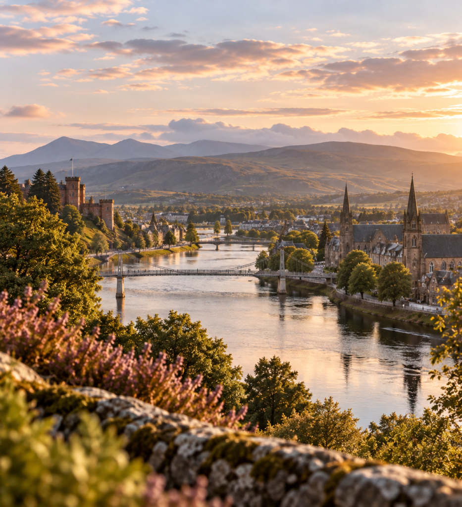 Highland-inspired view of Inverness with the River Ness, historic buildings, bridges and surrounding hills in warm evening light.