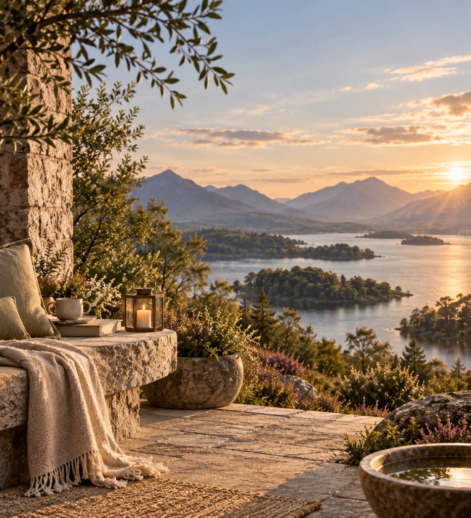 A peaceful Highland-inspired terrace with a stone bench, soft blanket and candlelight overlooking a loch and distant mountains.