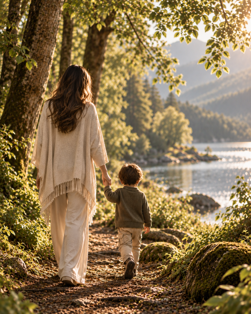 Mother and young child walking together, representing understanding and individual difference at Orenna Wellness