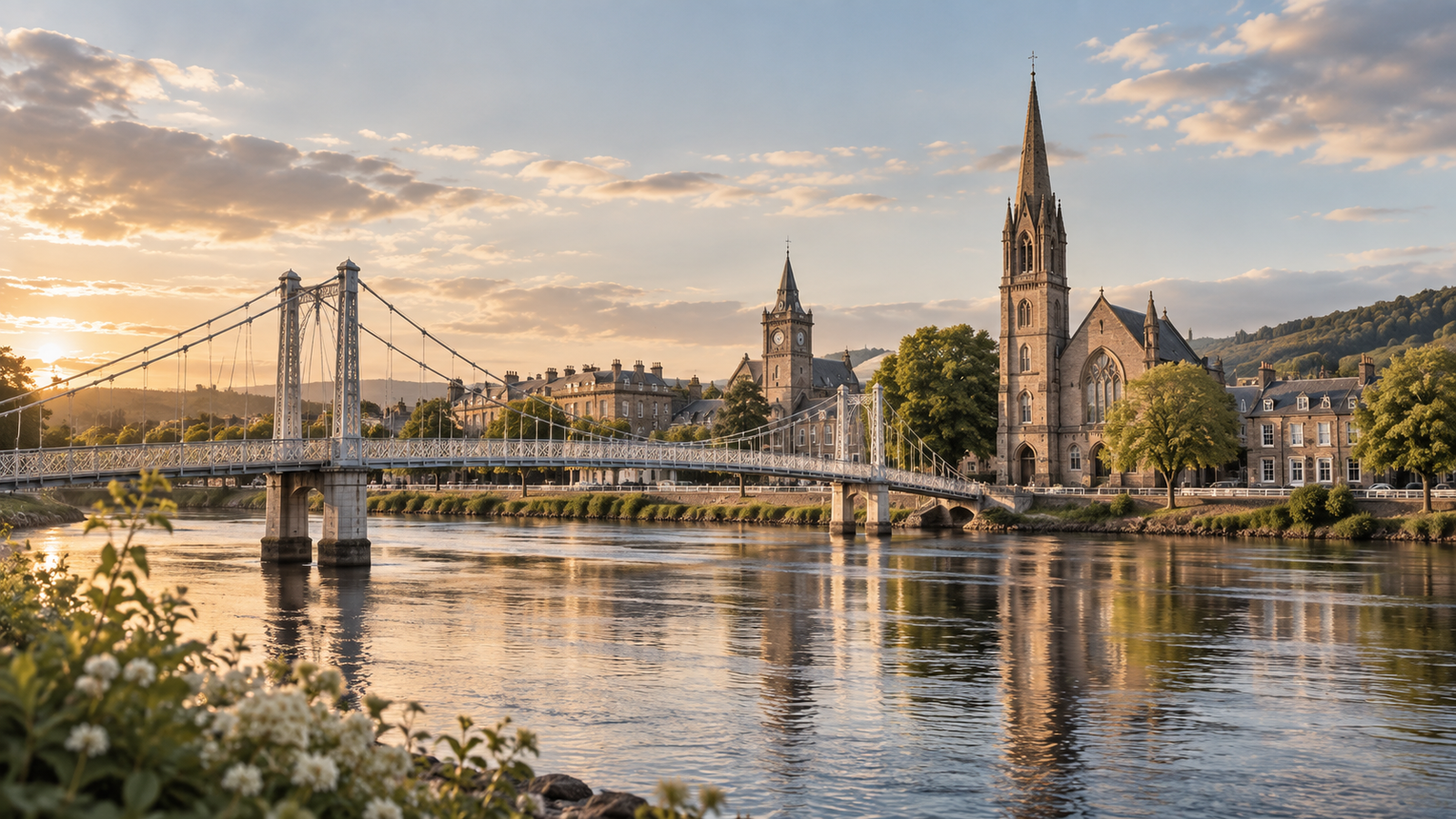 Panoramic view of Inverness, Scotland, featuring the River Ness, a pedestrian bridge and historic riverside architecture.