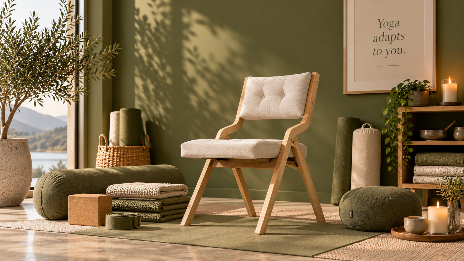 Cream upholstered wooden yoga chair with olive bolsters, folded blankets and supportive props against a green wall.