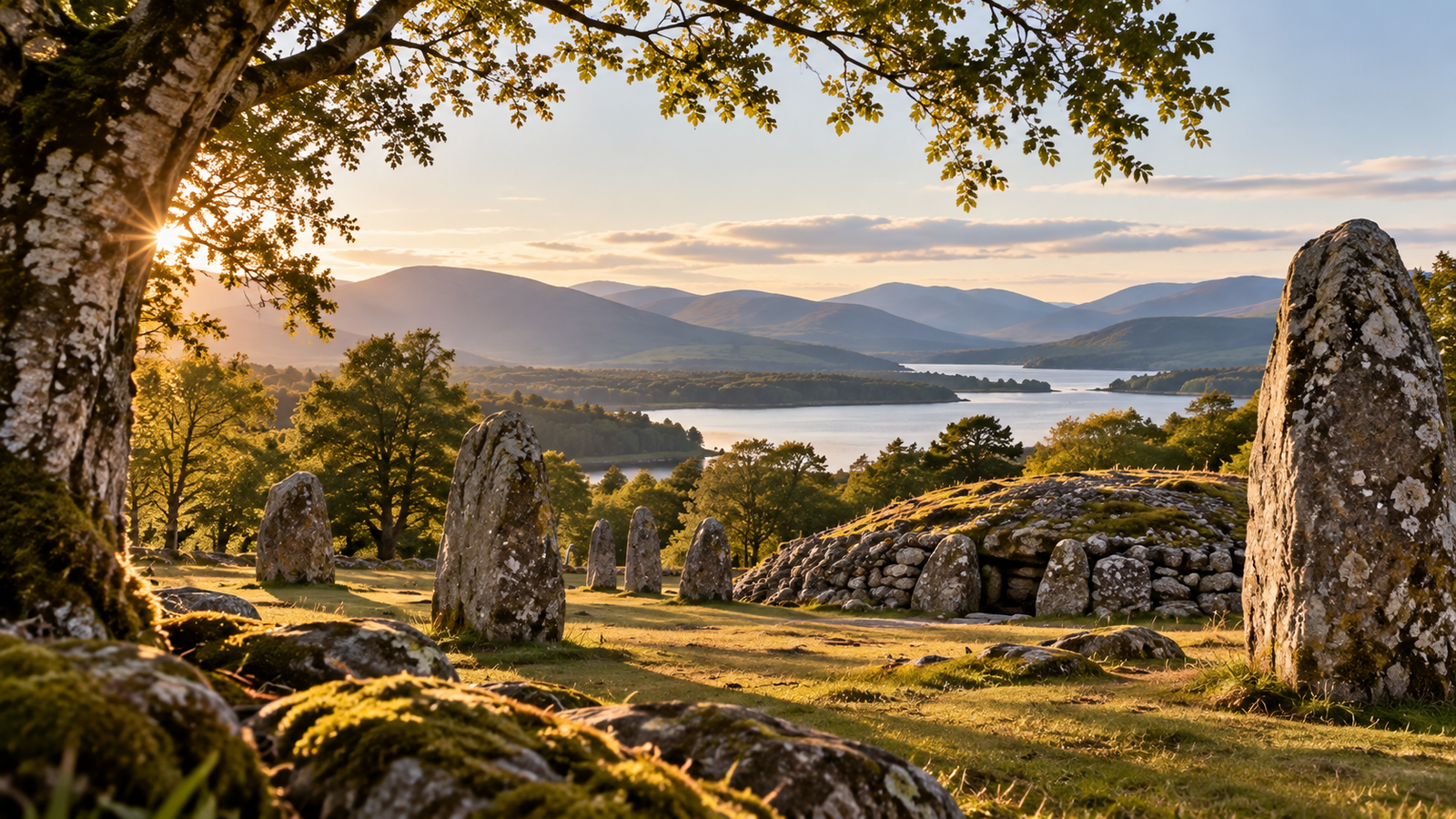Ancient standing stones and a stone burial cairn overlooking a Highland loch, with woodland and distant mountains in warm evening light.