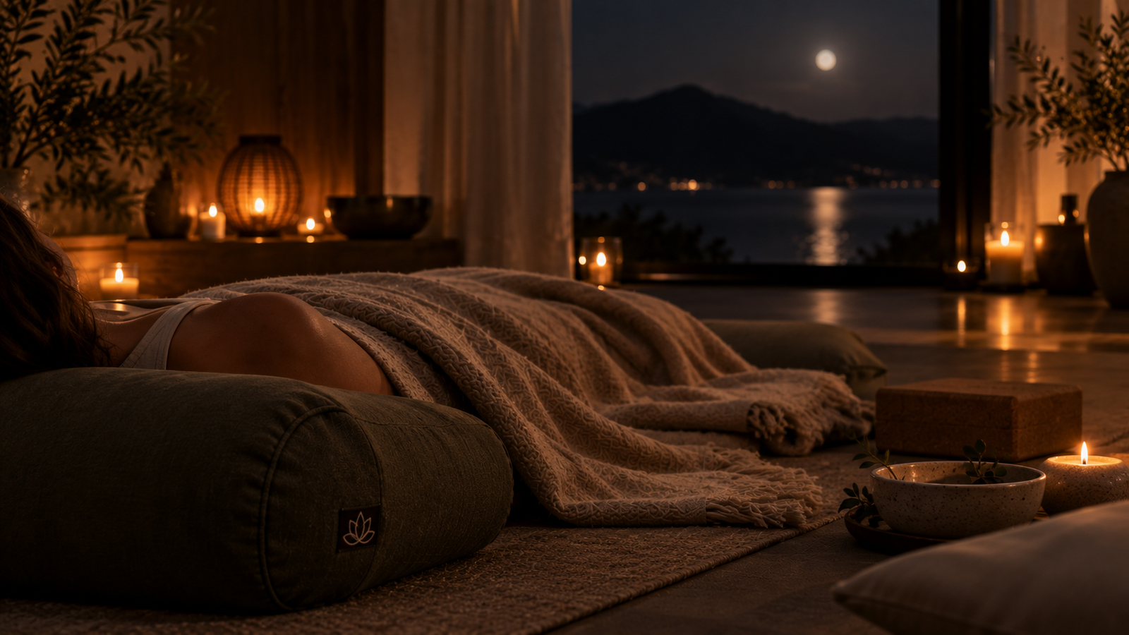 Person resting beneath a soft blanket during Yoga Nidra, with an olive bolster, warm candlelight and a tranquil moonlit Highland landscape.