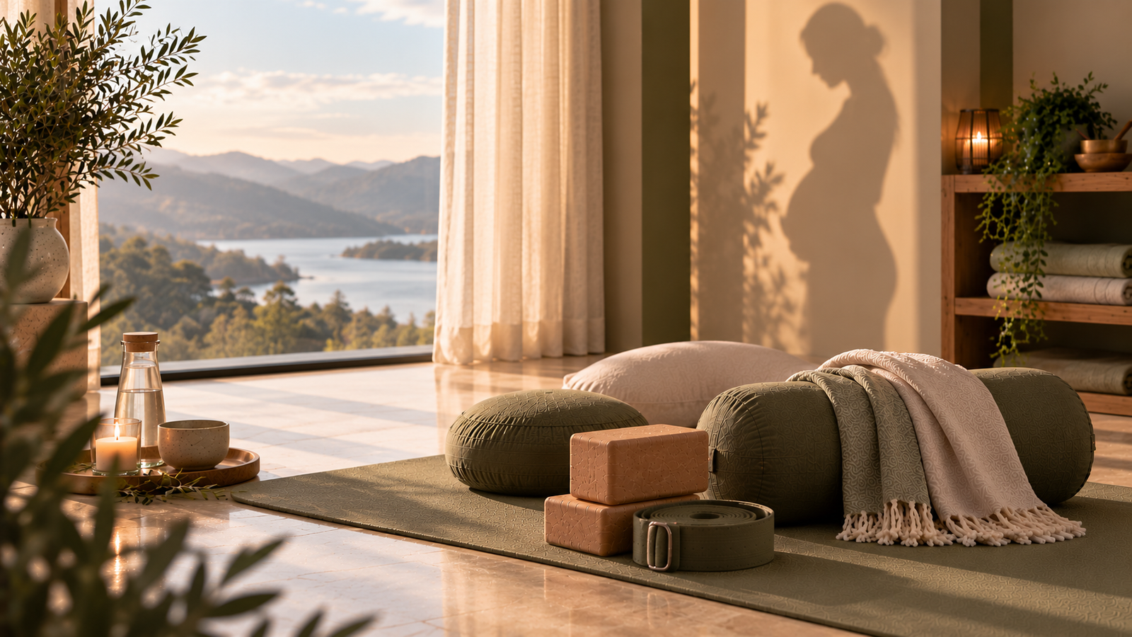 Prenatal yoga props on an olive mat with a pregnant woman's silhouette on the wall and a Highland landscape beyond.