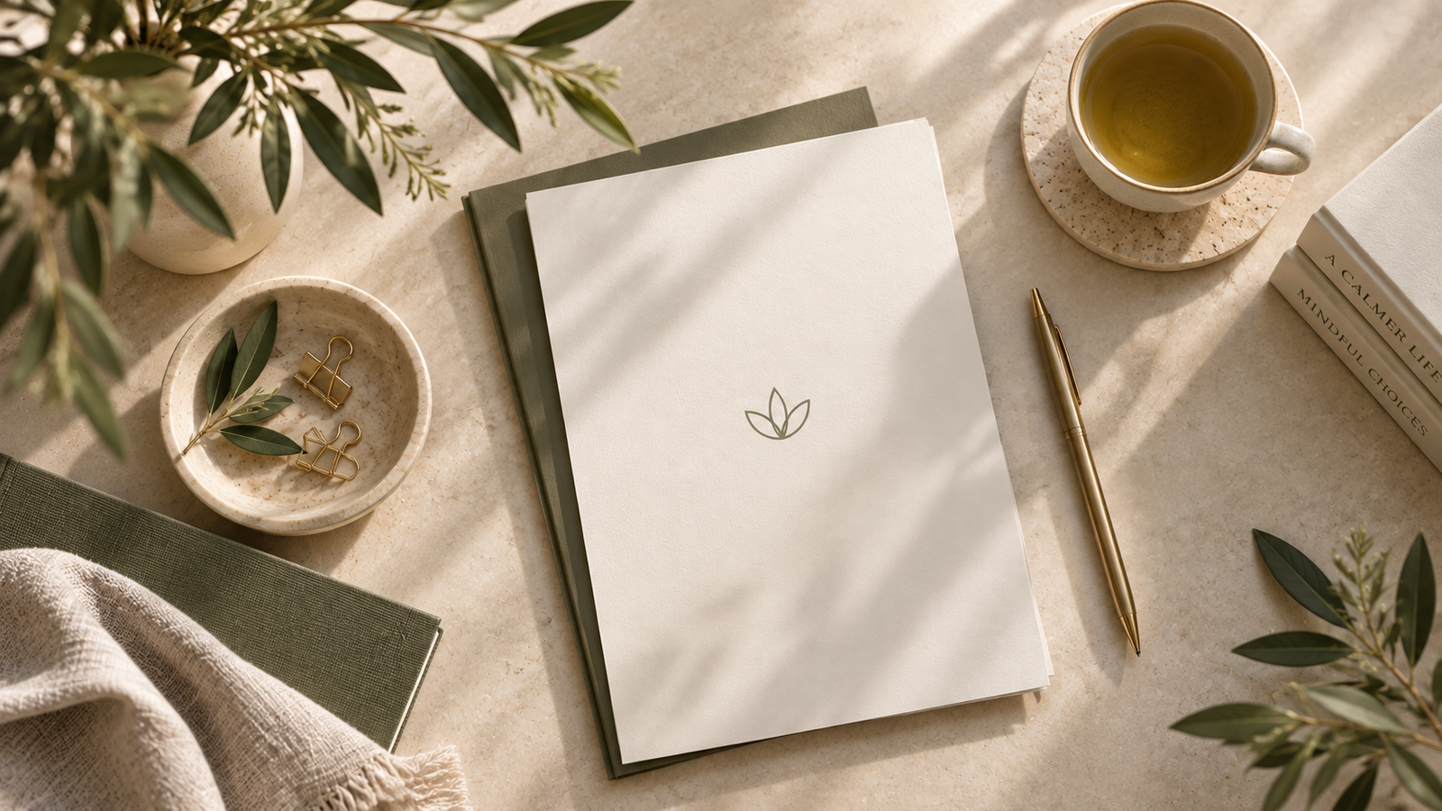 Overhead view of an elegant document, pen and tea arranged on a neutral surface for Orenna Wellness Terms & Conditions.
