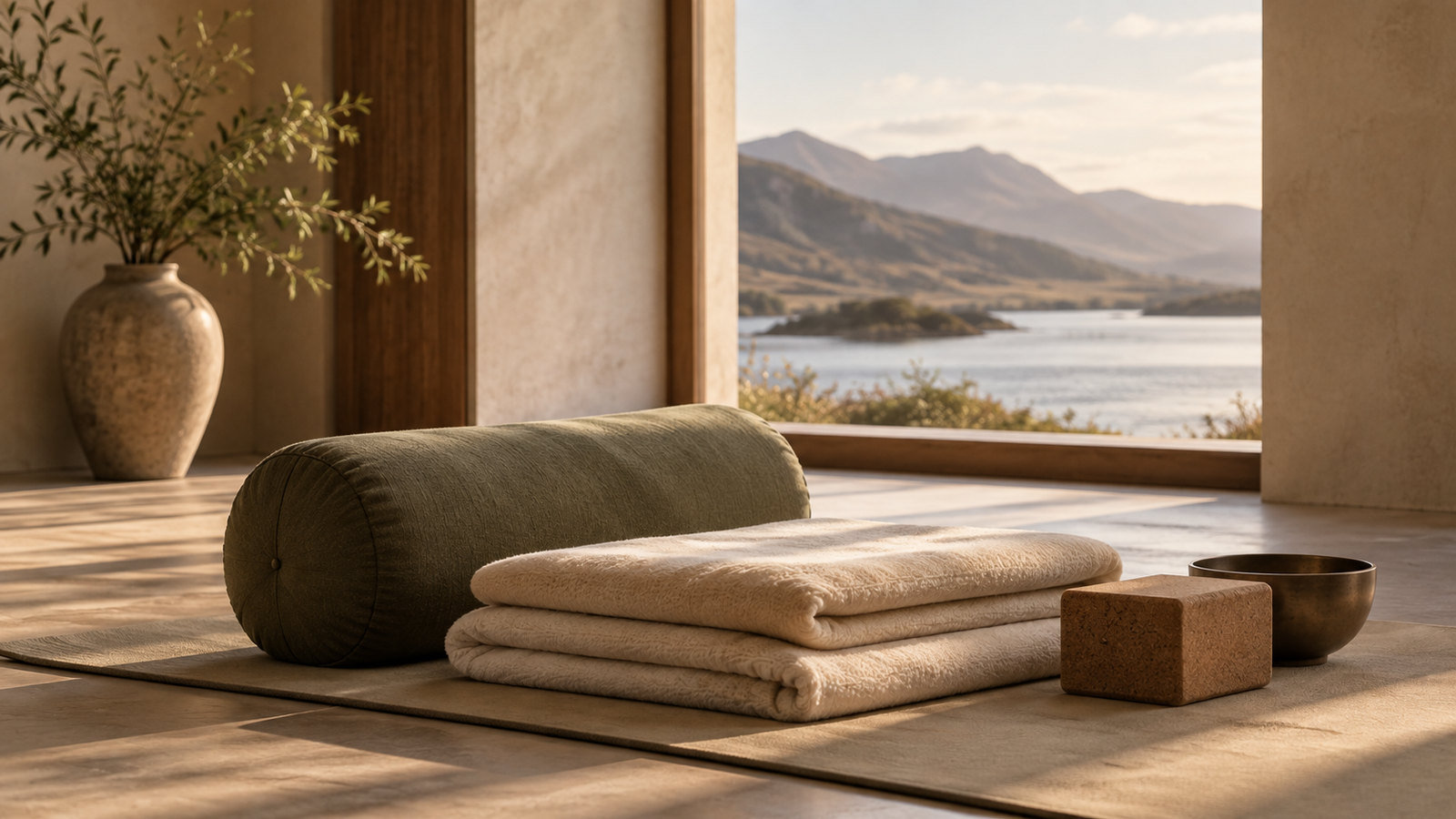 Olive yoga bolster, folded blankets and cork blocks arranged for restorative yoga.