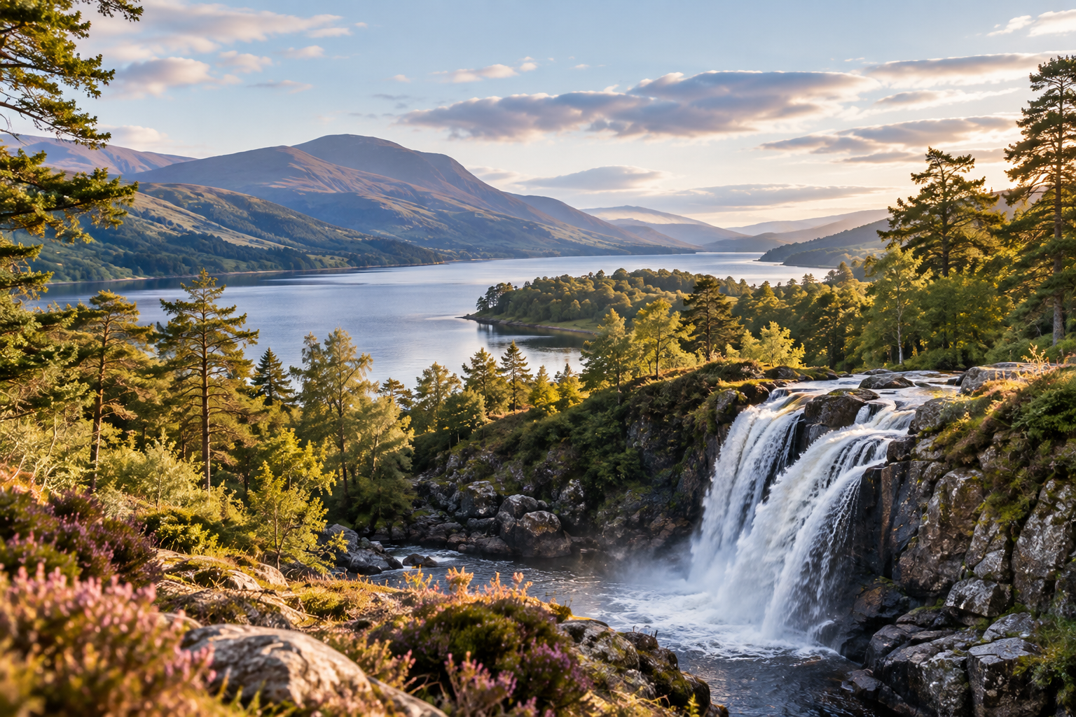 Scottish Highland-inspired landscape featuring a tranquil loch, pine woodland, distant mountains and a waterfall cascading through a rocky gorge.