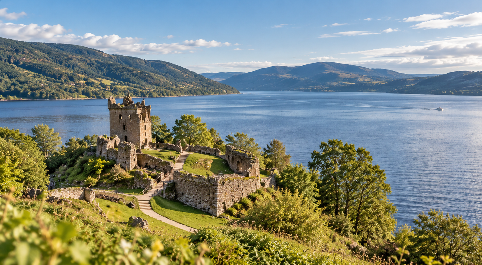 Historic Scottish castle ruins overlooking a tranquil loch, with wooded hills and Highland mountains beneath a clear blue sky.