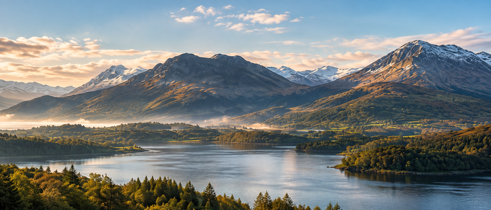 Panoramic Scottish Highland landscape with a tranquil loch, wooded shores and snow-dusted mountains beneath a softly illuminated sky.
