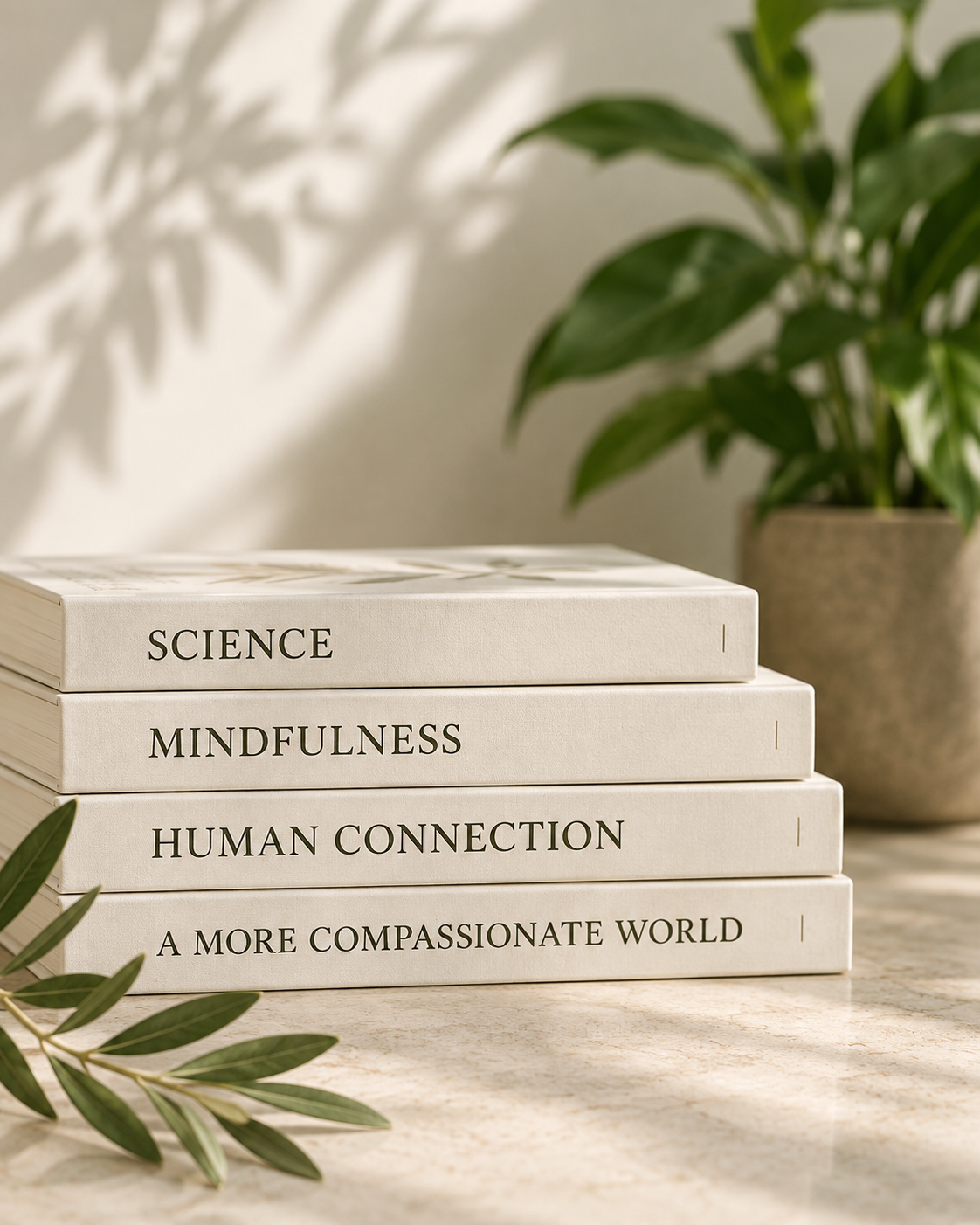 Four cream-coloured books titled Science, Mindfulness, Human Connection and A More Compassionate World, beside an olive branch.