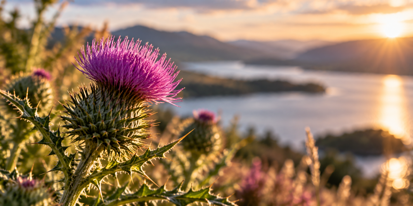 Close-up of a purple Scottish thistle with spiky green leaves, overlooking a softly blurred Highland loch and distant mountains.
