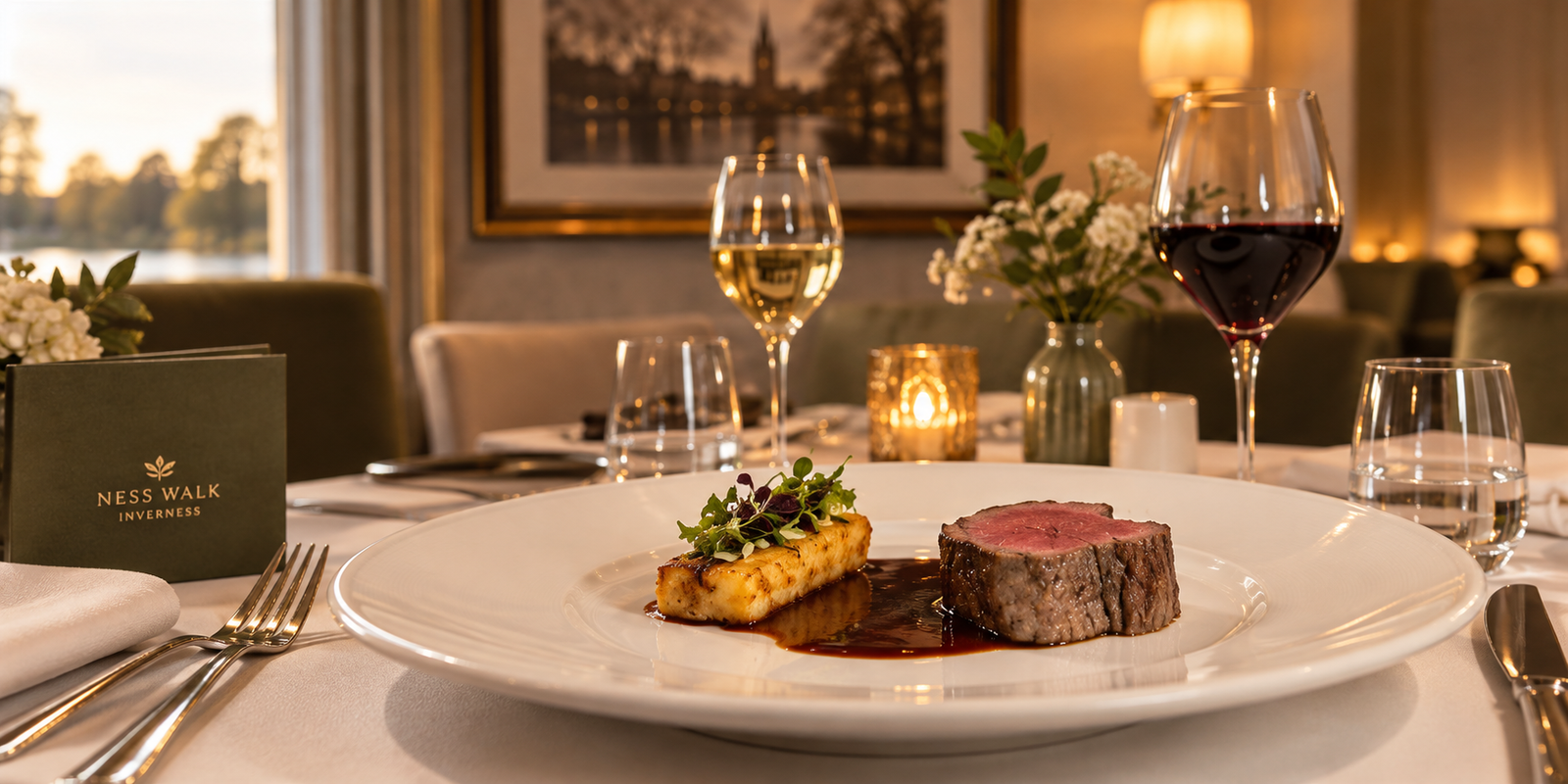 AI-generated fine-dining scene with beef fillet, a golden potato accompaniment and wine glasses in a warmly lit restaurant.