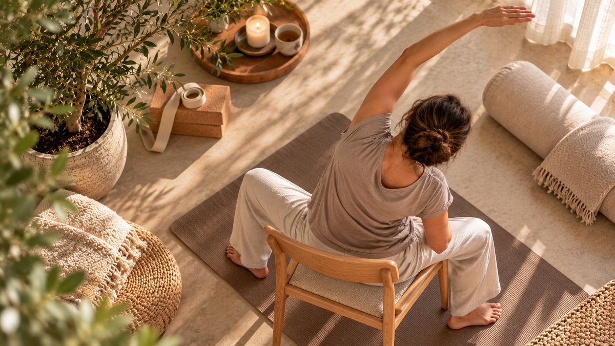 Woman practising adaptive chair yoga with a supported side stretch in a calm, sunlit studio.