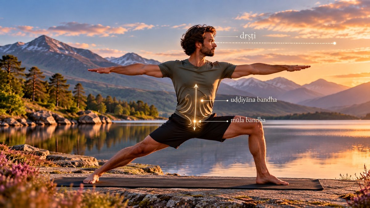 Ashtanga Yoga practice illustrating dṛṣṭi, mūla bandha and uḍḍīyāna bandha in Warrior II.