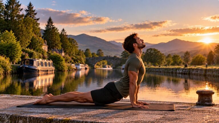Man practising Ashtanga Yoga on a mat beside a Highland canal with mountains in the background.