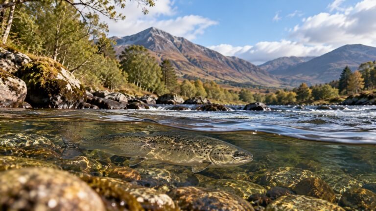 Atlantic salmon swimming in a clear Highland river in Scotland with mountains and woodland in the background.