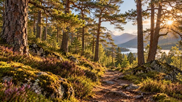 Caledonian Forest with mature Scots pines, heather and a woodland path overlooking a Highland loch and mountains.