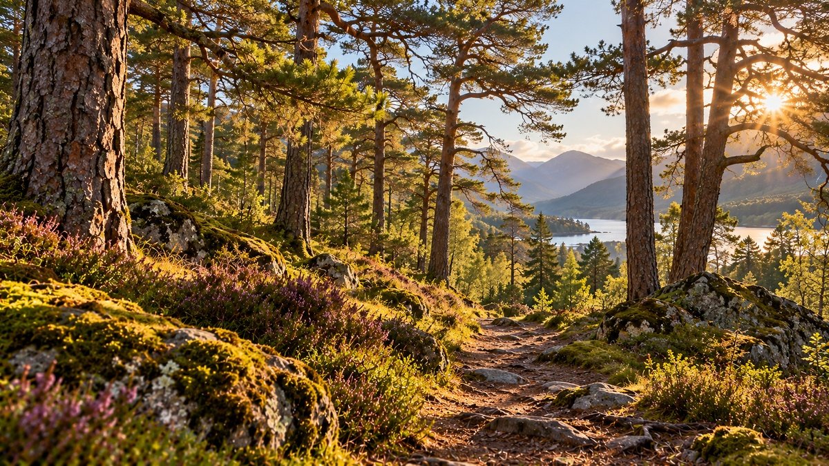 Caledonian Forest with mature Scots pines, heather and a woodland path overlooking a Highland loch and mountains.