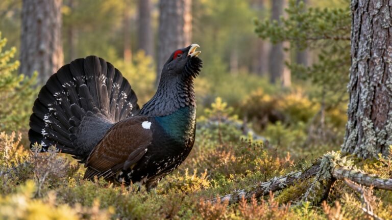 Male capercaillie displaying among heather and pine trees in a Scottish Highland forest.